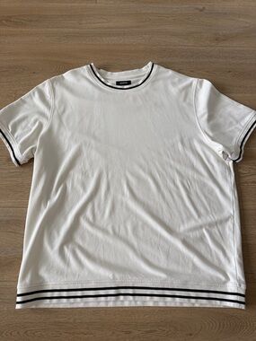 Alfani White Polo Shirt Short-Sleeve with Black Stripe Trim